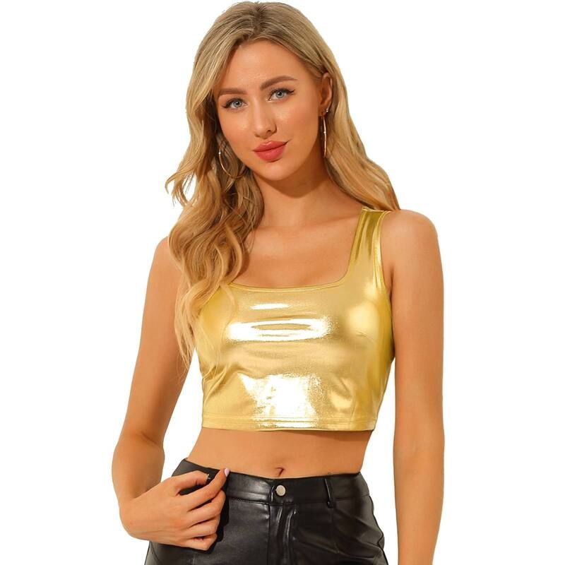 アレグラ ケー レディース トップス Tシャツ トール ノースリーブ ALLEGRA K Womens U Neck Sleeveless Party Clubwear Shiny Metallicrop Top Gold ゴールド