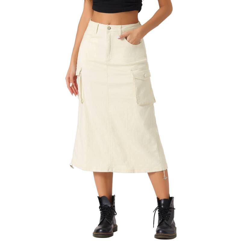 アレグラ ケー レディース ボトムスカート A ライン ミディ デニム ALLEGRA K Cargo Skirt For Womens Y2k Adjustable Casual Aline Midi Long Denim Skirt Beige ベージュ
