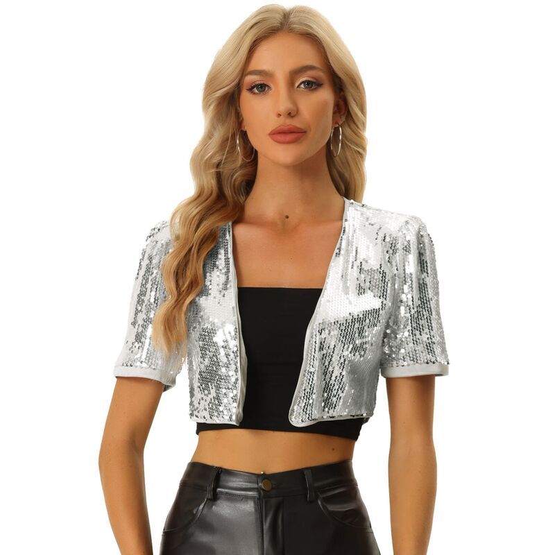 アレグラ ケー レディース アウター ジャケット・ブルゾン スパンコール クロップド ALLEGRA K Sequin Shrug For Womenshort Sleeve Open Front Glitter Cropped Jacketsilver シル