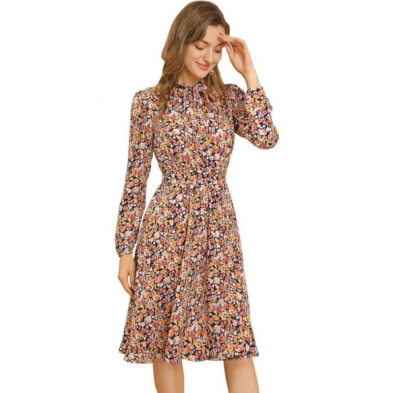 アレグラ ケー レディース トップス ワンピース ヴィンテージ シフォン フラワー柄 プリント フラワー ALLEGRA K Womens Tie Neck Chiffon Long Sleeves Vintage Floral Print Beltedres