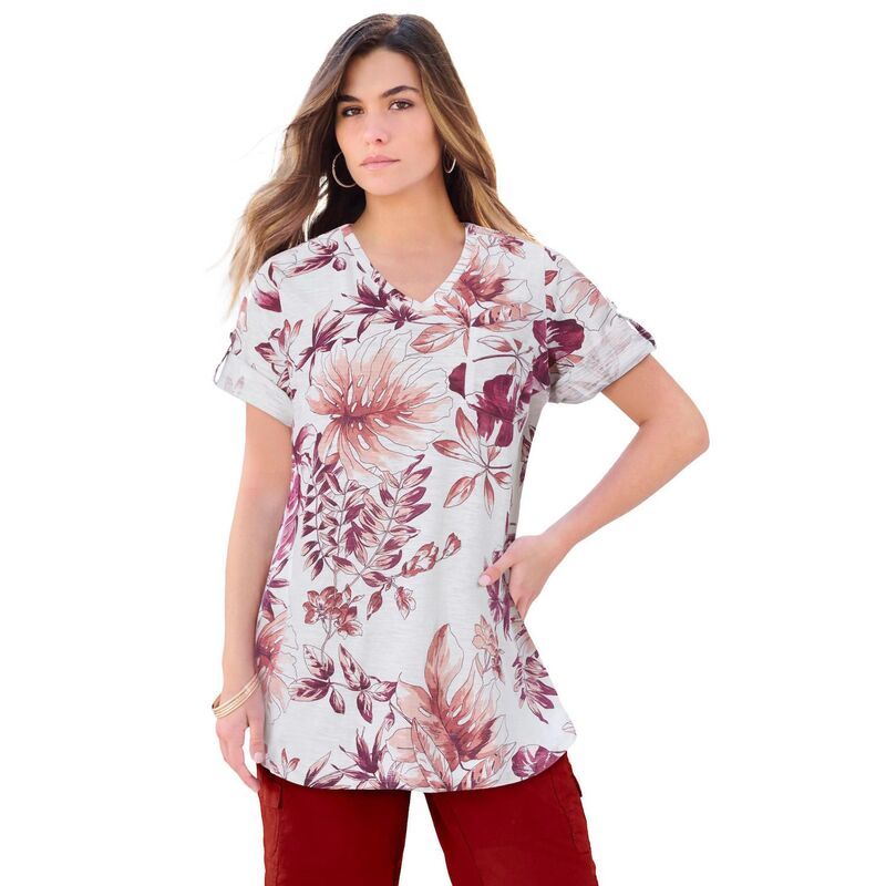 ロアマンズ レディース トップス Tシャツ Vネック プラスサイズ Roamans Womens Plusize Slub VNeck Boyfriend Tunic Top White Berry Tropical ホワイト