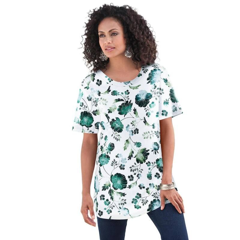ロアマンズ レディース トップス Tシャツ クルーネック プラスサイズ コットン Roamans Womens Plusize Cotton Ultimate Crewneck Tee Ivory Misty Floral アイボリー