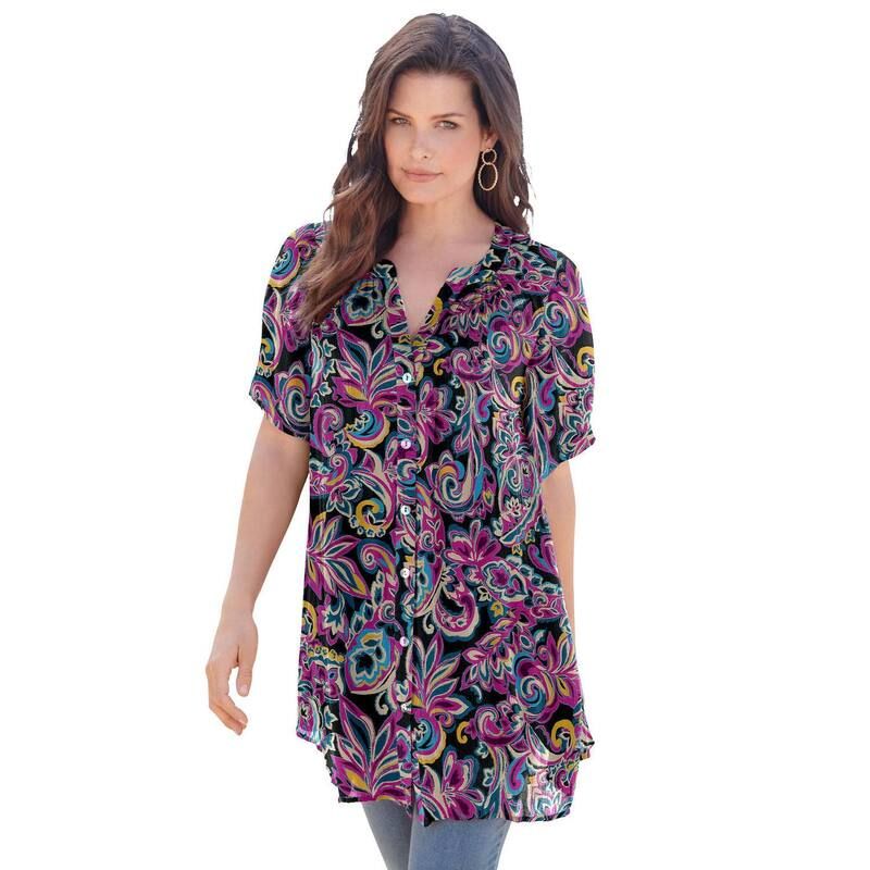 ロアマンズ レディース トップス Tシャツ プラスサイズ Roamans Womens Plusize Angelina Tunic Top Short Sleeve Flowy Fit Everyday Comfort Black Paisley ブラック