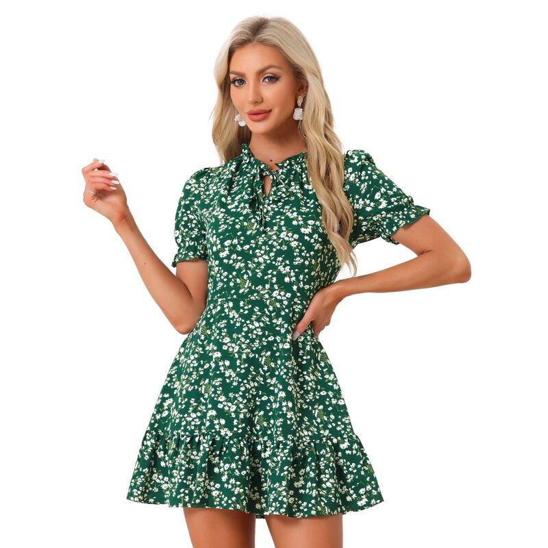 アレグラ ケー レディース トップス ワンピース シフォン フラワー柄 フリル フラワー ALLEGRA K Womens Ruffle Floral Bow Tie Chiffon Short Sleeve Fit Flare Dress Green Whi
