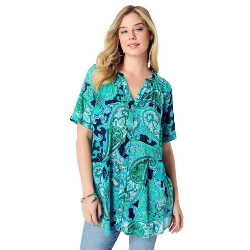 ロアマンズ レディース トップス Tシャツ プラスサイズ Roamans Womens Plusize Angelina Tunic Top Short Sleeve Flowy Fit Everyday Comfort Ocean Mixed Paisley