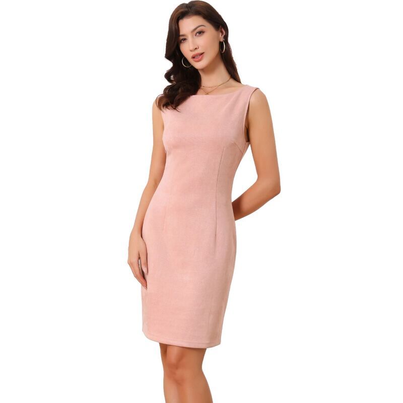 アレグラ ケー レディース トップス ワンピースエード ノースリーブ ALLEGRA K Faux Suede Dress for Womens Boat Neck Sleevelessheath Dresses Pink ピンク