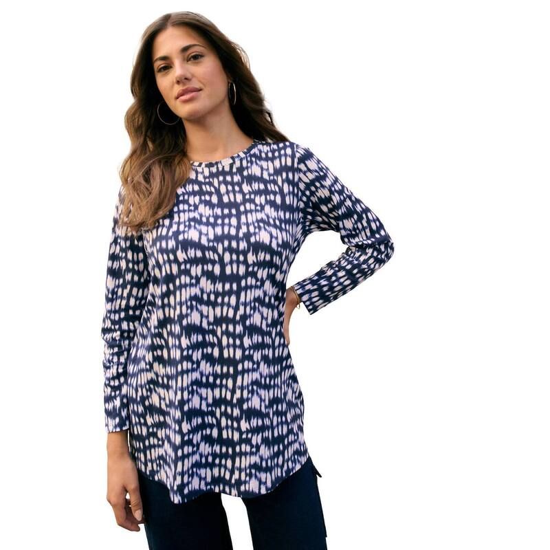 ロアマンズ レディース トップス Tシャツ クルーネック プラスサイズ コットン Roamans Womens Plusize Cotton Ultimate Long Sleeve Crewneck Tee Navy Ikatexture ネイビー