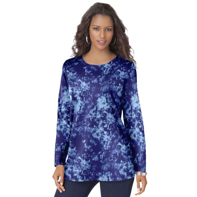 ロアマンズ レディース トップス Tシャツ クルーネック プラスサイズ コットン Roamans Womens Plusize Cotton Ultimate Long Sleeve Crewneck Tee Navy Spray Tie Dye ネイビー
