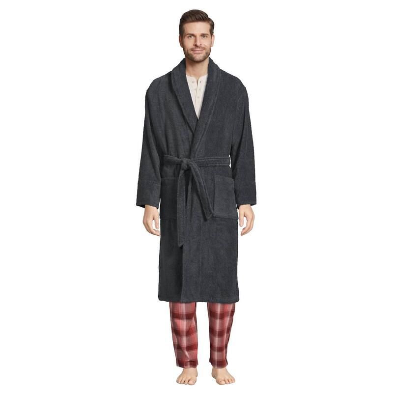ランズエンド レディース アンダーウェア ナイトウェア パイル Mens Lands End CalfLength Turkish Terry Robe Charcoal チャコール