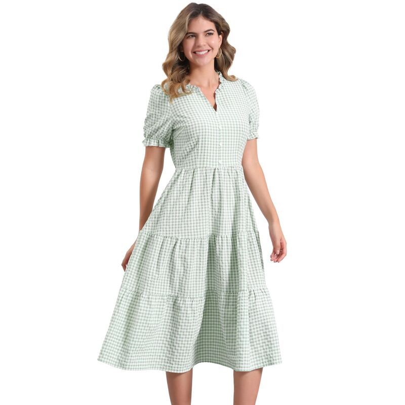 アレグラ ケー レディース トップス ワンピース Vネック ギンガムチェック フリル ギンガム ALLEGRA K Gingham Dress For Womensummeruffle Trim V Neck Button Decor Dress Green