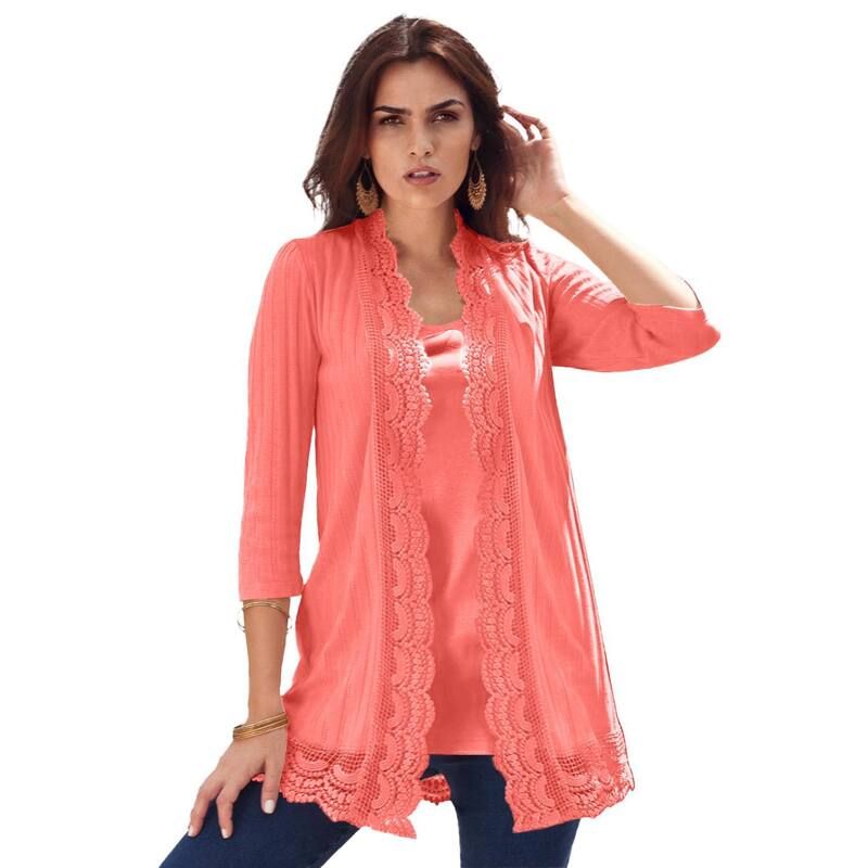 ロアマンズ レディース アウター ニット・セーター プラスサイズ カーディガン Roamans Womens Plusize Crochetrim Pointelle Cardigan Sunset Coral コーラル