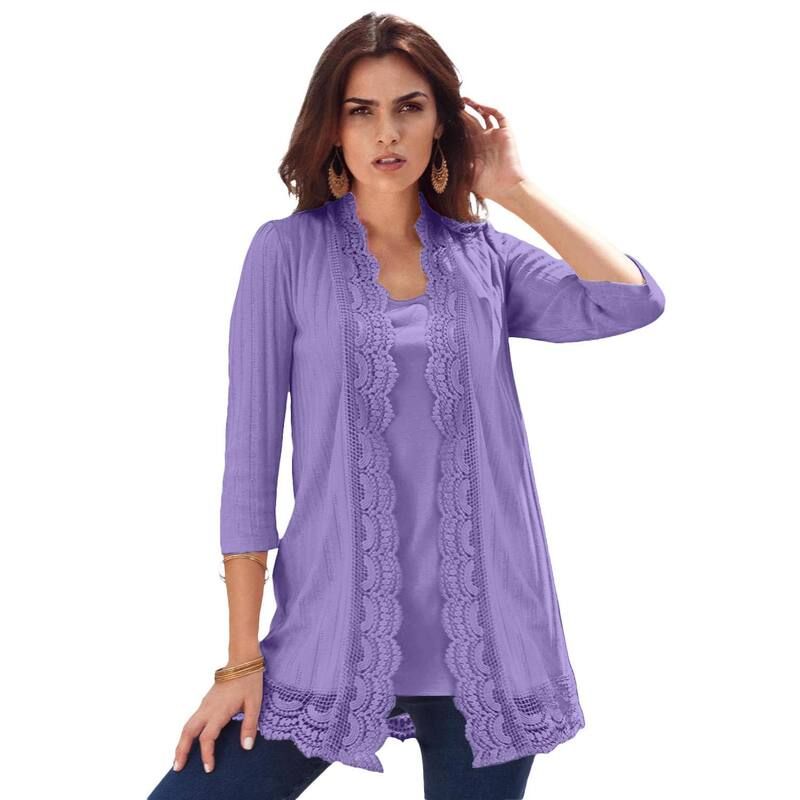 ロアマンズ レディース アウター ニット・セーター プラスサイズ カーディガン Roamans Womens Plusize Crochetrim Pointelle Cardigan Vintage Lavender ラベンダー
