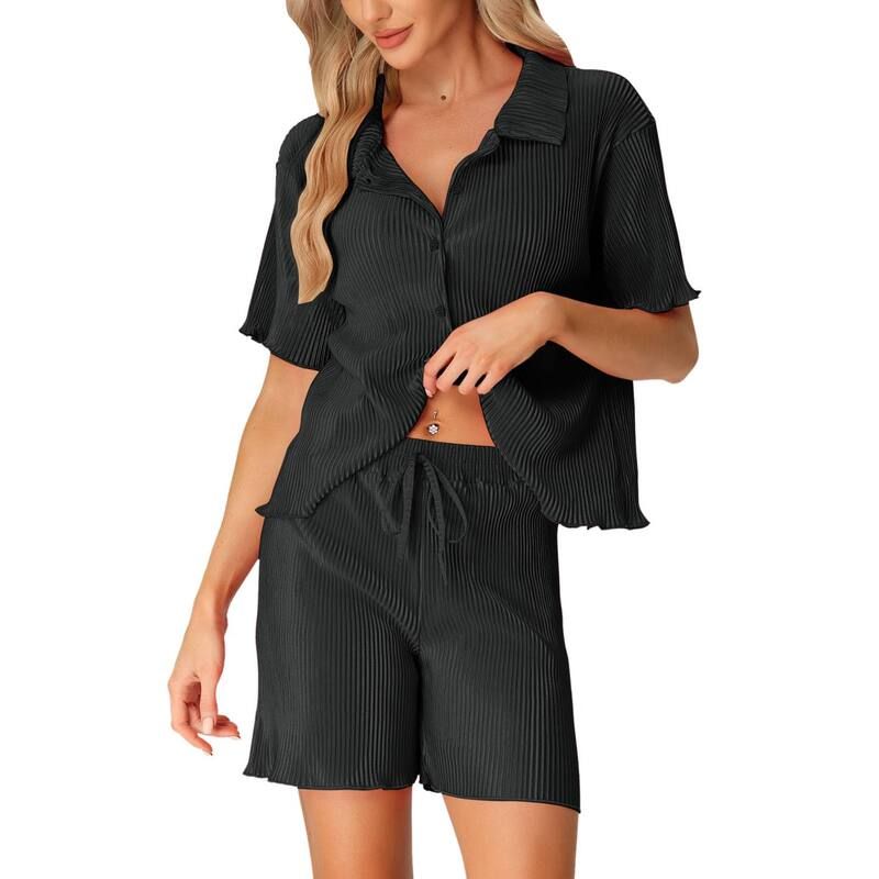 cheibear レディース アンダーウェア ナイトウェア ボタンダウン シャツ ショートパンツ ダウン cheibear Womenshort Sleeve Button Down Shirt And Shorts Casual Outfits Lounge