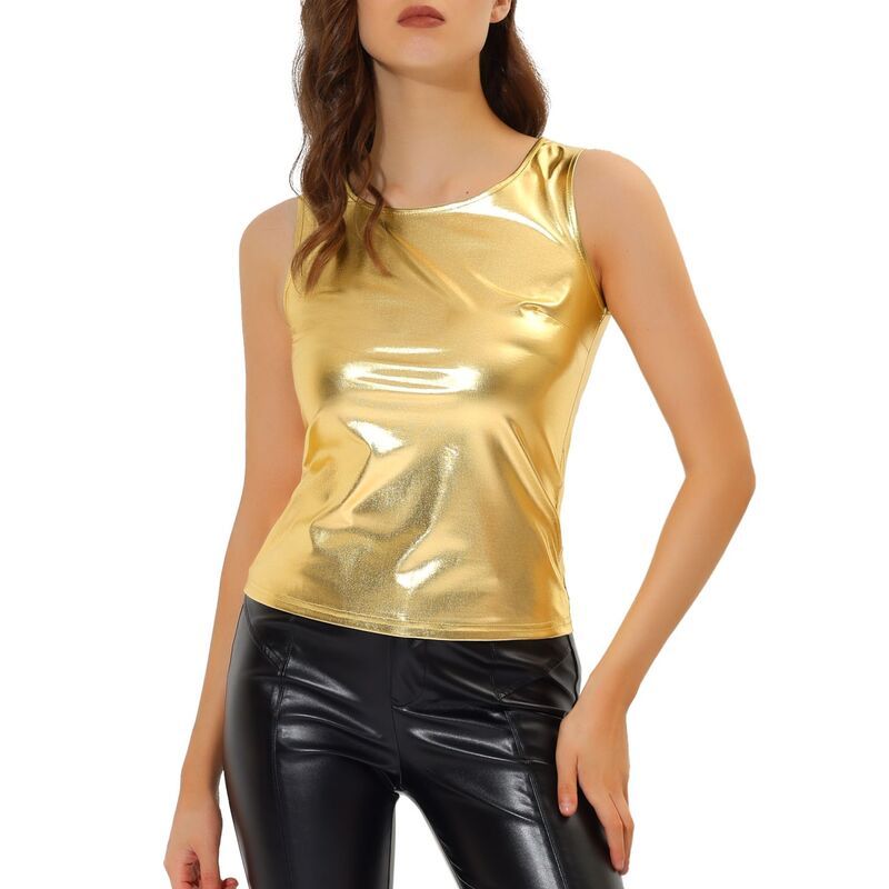 アレグラ ケー レディース トップス Tシャツ スリムフィットール ALLEGRA K Womens U Neck Stretchy Slim Fit Metallic Tank Tops Gold Tone ゴールド
