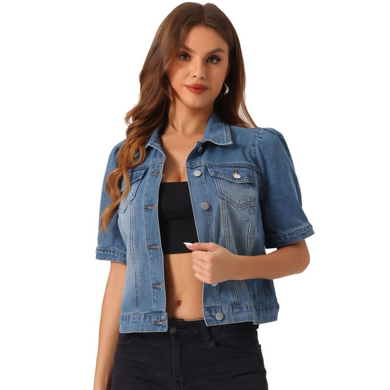 アレグラ ケー レディース アウター ジャケット・ブルゾン ダウン デニム ALLEGRA K Casual Jacket for Womenshort Puffy Sleeves ButtonDown Jean Denim Jacket Medium Blu