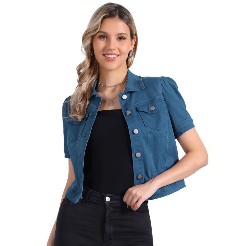 アレグラ ケー レディース アウター ジャケット・ブルゾン ダウン デニム ALLEGRA K Casual Jacket for Womenshort Puffy Sleeves ButtonDown Jean Denim Jacket Denim Blue