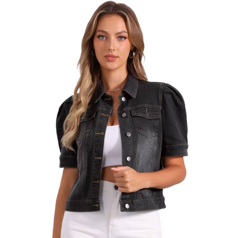 アレグラ ケー レディース アウター ジャケット・ブルゾン ダウン デニム ALLEGRA K Casual Jacket for Womenshort Puffy Sleeves ButtonDown Jean Denim Jacket Black ブラック