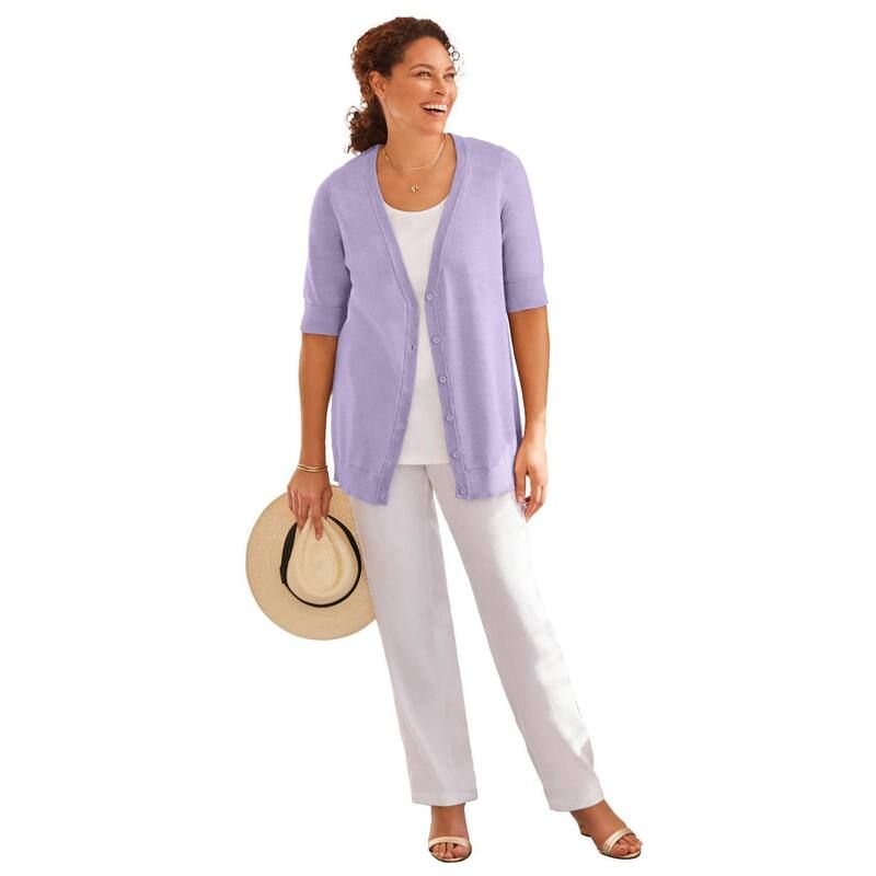 ウーマン ウィズイン レディース アウター ニット・セーター Vネック プラスサイズ カーディガン Woman Within Plusize Lightweight Short Sleeve VNeck Cardigan Sweater Pale Lilac