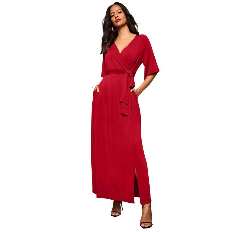 ロアマンズ レディース トップス ワンピース プラスサイズ マキシ Roamans Womens Plusize Flutter Sleeve Wrap Maxi Dress Classic Red レッド