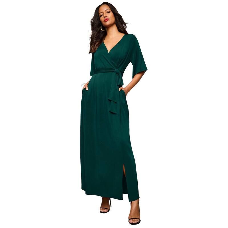ロアマンズ レディース トップス ワンピース プラスサイズ マキシ Roamans Womens Plusize Flutter Sleeve Wrap Maxi Dress Emerald Green グリーン