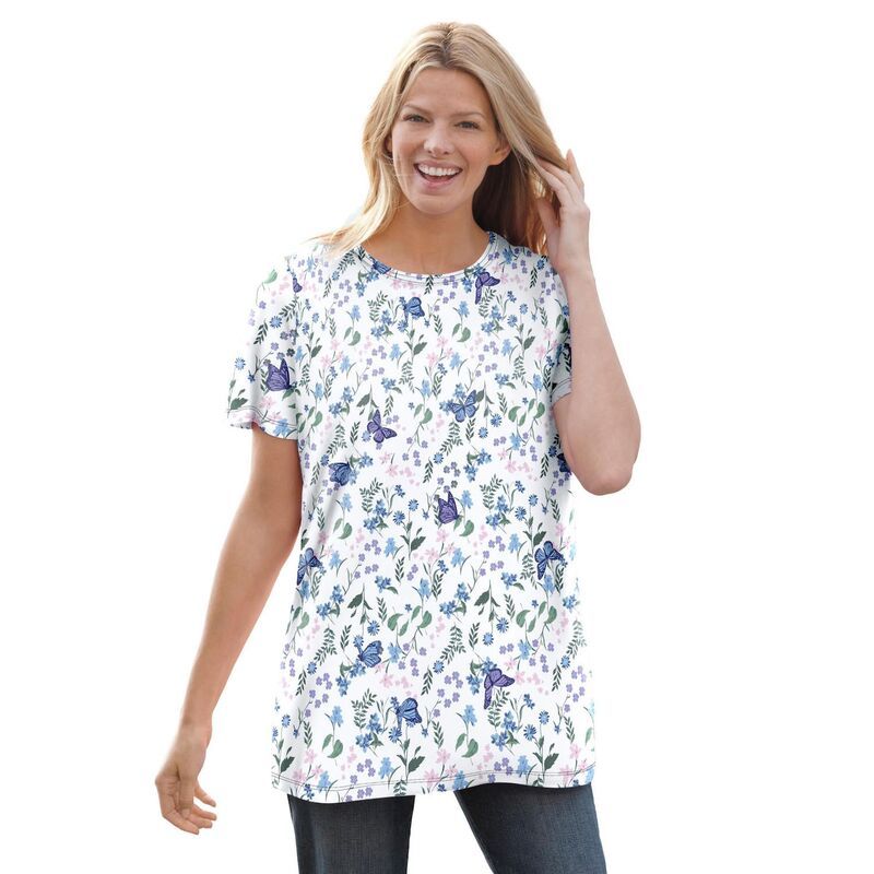 ウーマン ウィズイン レディース トップス Tシャツ クルーネック プラスサイズ プリント 半袖 Woman Within Plusize Perfect Printed ShortSleeve Crewneck Tee White Butterflies ホ