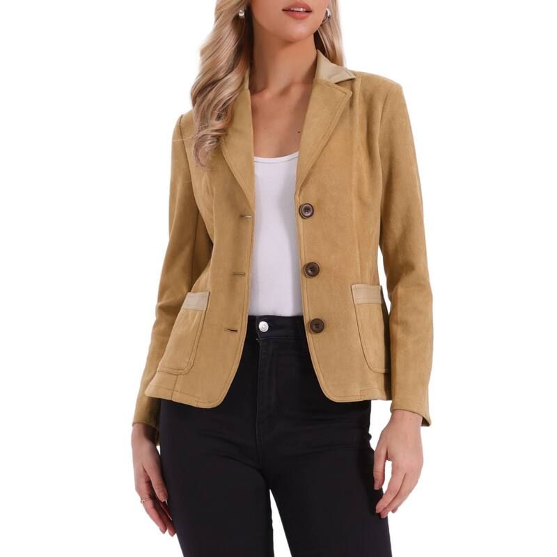 アレグラ ケー レディース アウター ジャケット・ブルゾン ボタンダウン スエード ダウン ブレザー ALLEGRA K Womens Faux Suede Lapel Collar Button Down Long Sleeve Blazer Khaki カ