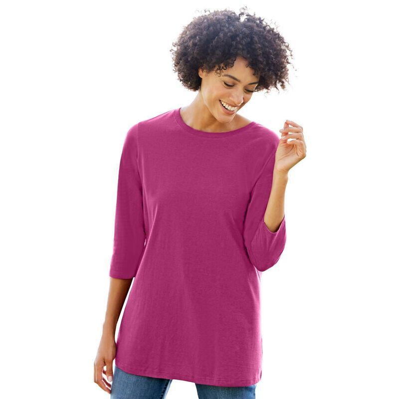 ウーマン ウィズイン レディース トップス Tシャツ クルーネック プラスサイズ Woman Within Plusize PerfecthreeQuarter Sleeve Crewneck Tee Raspberry