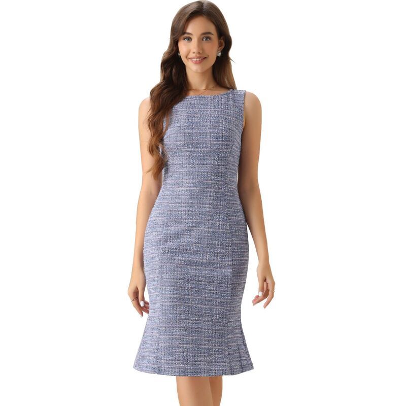 アレグラ ケー レディース トップス ワンピース ツイード ノースリーブ ALLEGRA K Tweedress for Womensummer Sleeveless Elegant Plaid Bodycon Dress Purple Blue ブルー