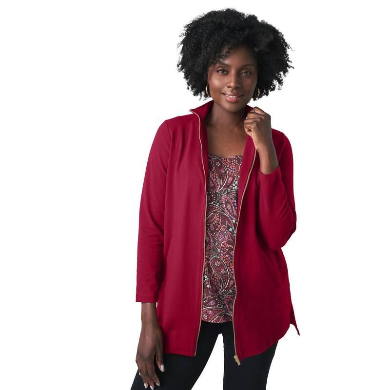 ジェシカロンドン レディース アウター ジャケット・ブルゾン プラスサイズ コットン Jessica London Womens Plusize Stretch Cotton Zip Front HiLow Jacket Rich Burgundy バーガンデ