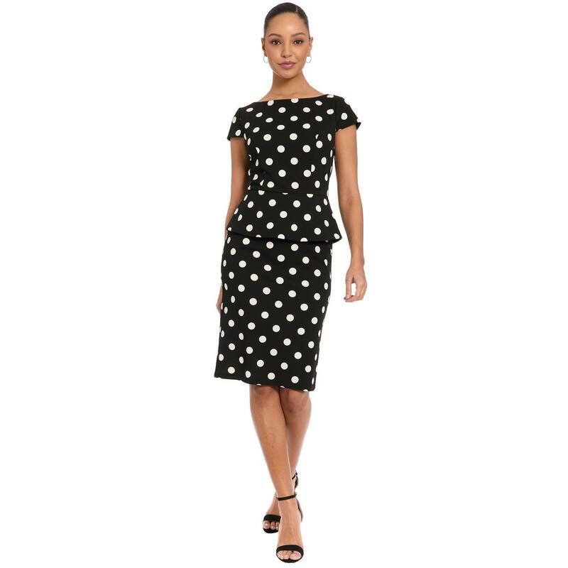 ロンドンタイムス レディース トップス ワンピース ドット キャップ Womens London Times Cap Sleeve Peplum PolkaDot Sheath Dress Black Cream クリーム