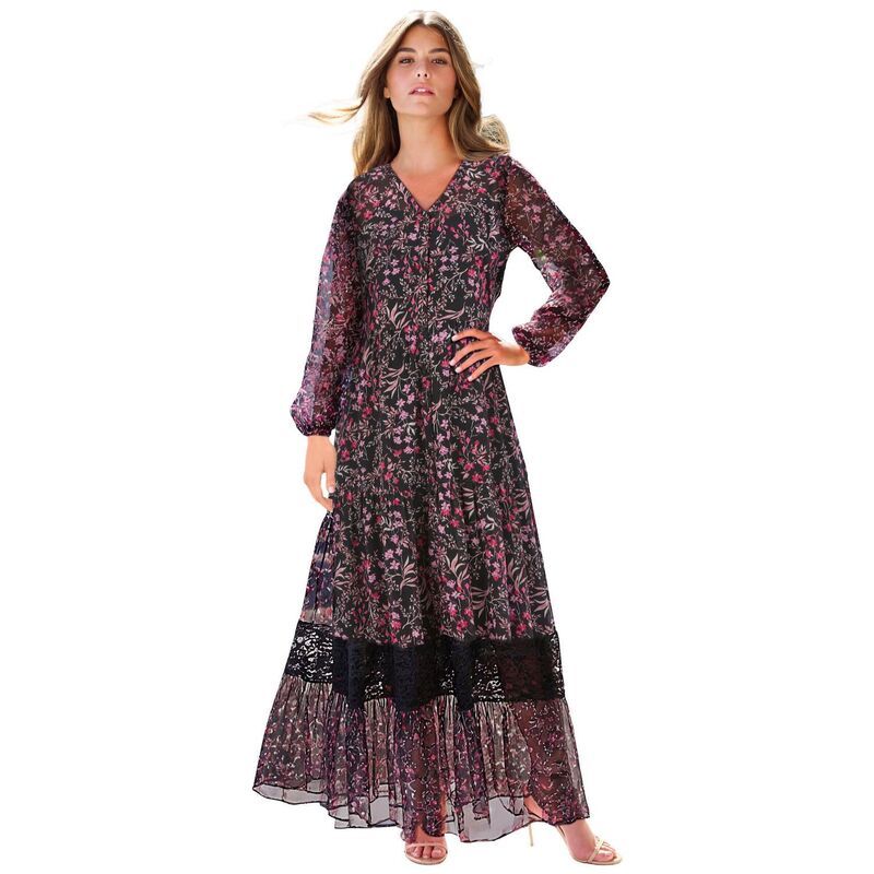 ロアマンズ レディース トップス ワンピース ティアード プラスサイズ レース マキシ Roamans Womens Plusize Lace Tiered Maxi Dress Pink Floral Print ピンク