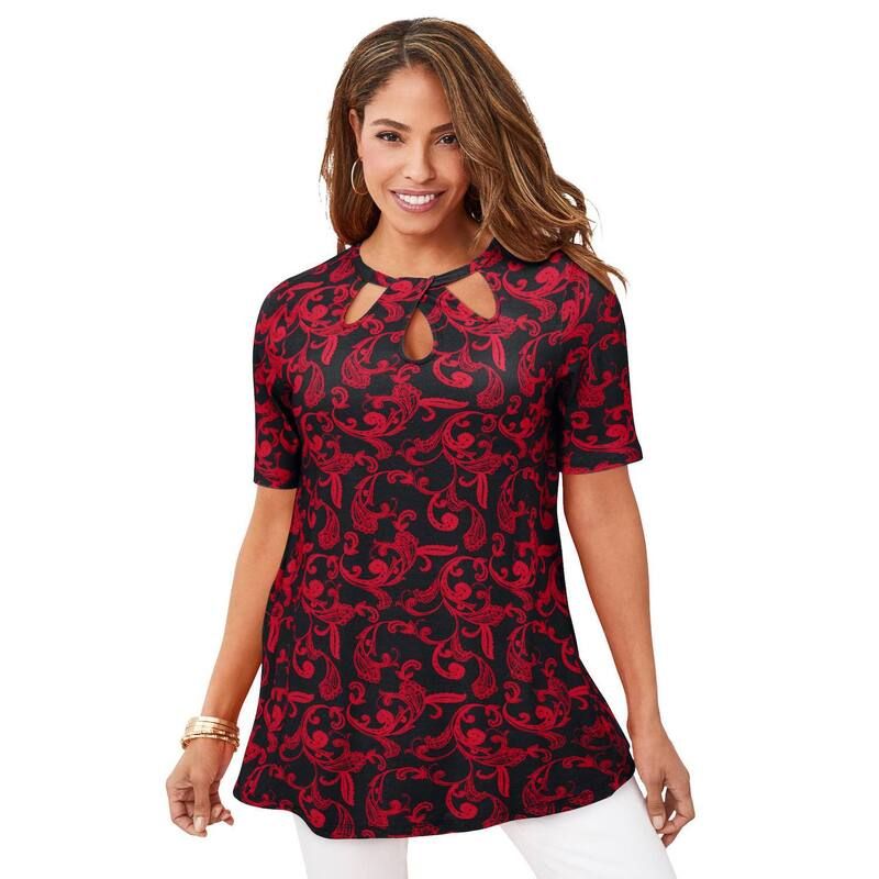 ジェシカロンドン レディース トップス Tシャツ カットアウト プラスサイズ ニット Jessica London Womens Plusize Stretch Knit Cutout Swing Tunic Vivid Red Paisley レッド