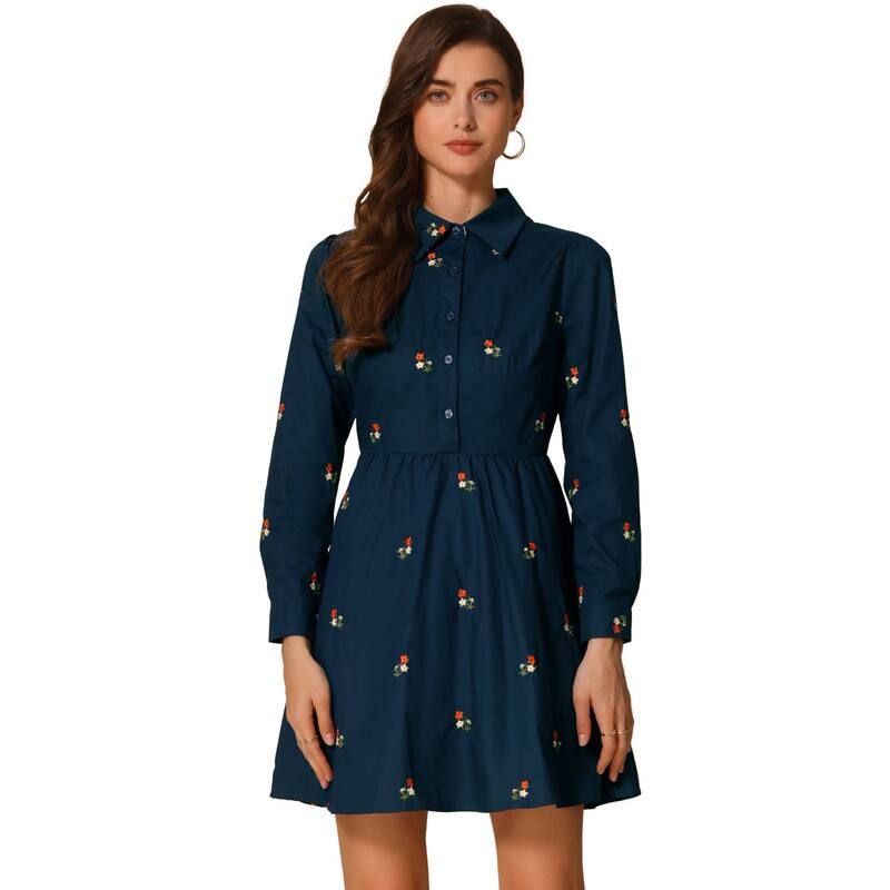 アレグラ ケー レディース トップス ワンピース フラワー柄 ミニ シャツ 刺繍 フラワー ALLEGRA K Womenshirt Dress Embroidered Floralong Sleeve Button Placket Mini Dresses