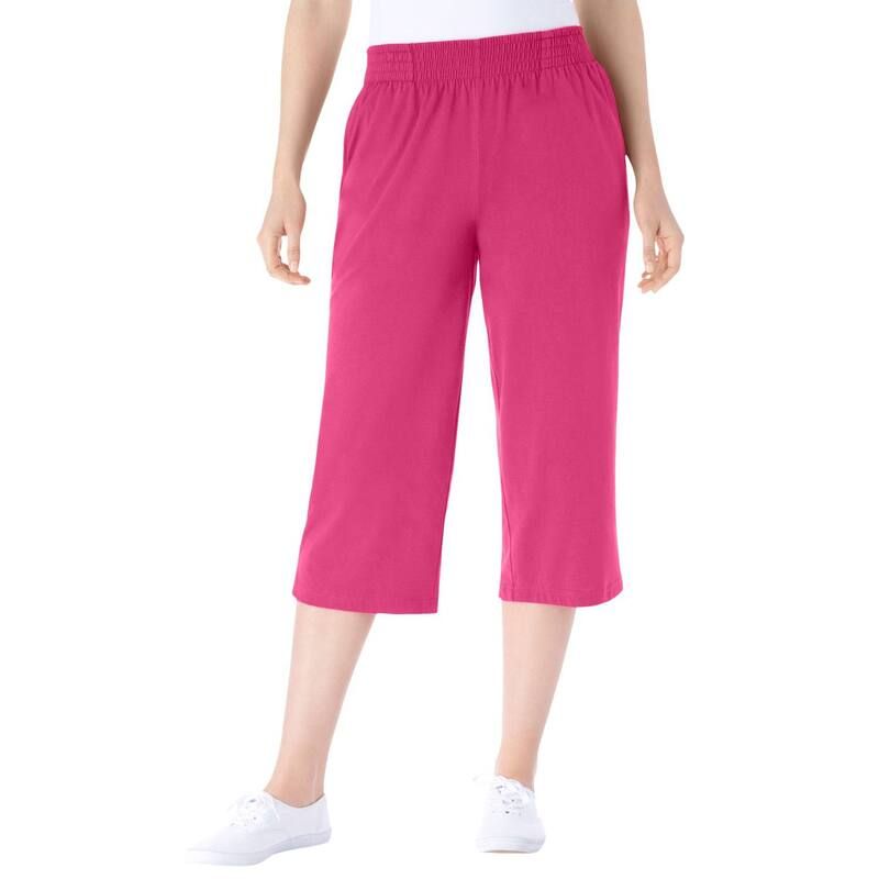 ウーマン ウィズイン レディース ボトムス カジュアルパンツ プラスサイズ プチ キャップ ニット Woman Within Plusize PetitelasticWaist PullOn Knit Pocket Capri Pants Raspberry