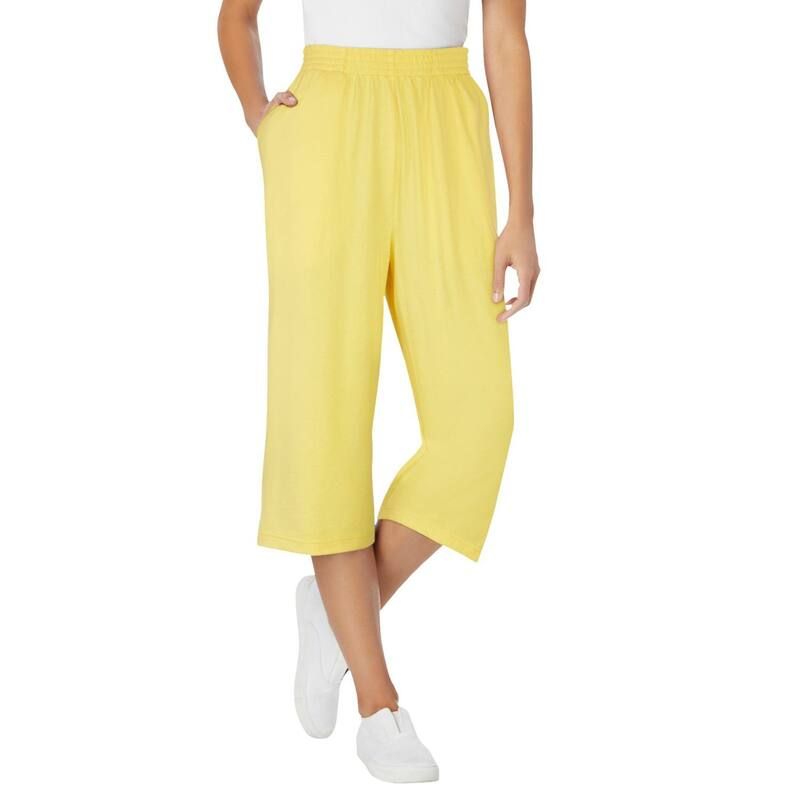 ウーマン ウィズイン レディース ボトムス カジュアルパンツ プラスサイズ プチ キャップ ニット Woman Within Plusize PetitelasticWaist PullOn Knit Pocket Capri Pants Primrose Y