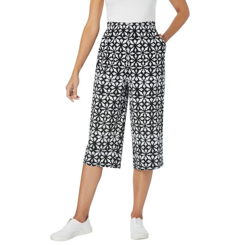ウーマン ウィズイン レディース ボトムス カジュアルパンツ プラスサイズ プチ キャップ ニット Woman Within Plusize PetitelasticWaist PullOn Knit Pocket Capri Pants Black Wate