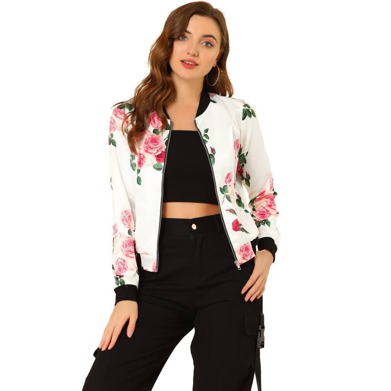 アレグラ ケー レディース アウター ジャケット・ブルゾン フラワー柄 プリント フラワー ALLEGRA K Womenstand Collar Zip up Floral Prints Crop Length Bomber Jacket White Pin