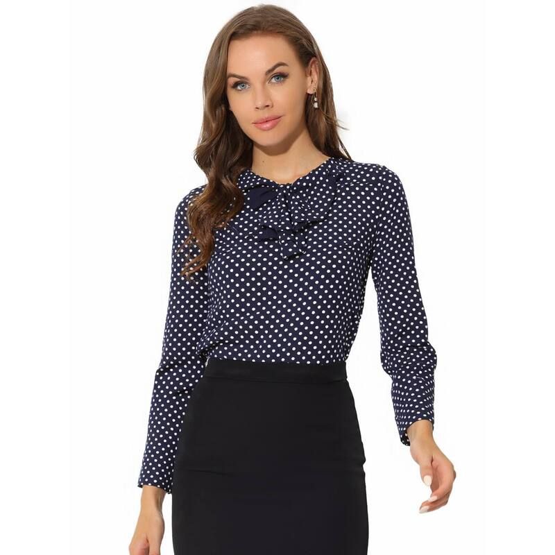 アレグラ ケー レディース トップス シャツ ドット フリル ブラウス ALLEGRA K Womens Ruffle Neck Long Sleeve Polka Dots Blouse Shirts Dark Blue Polka Dots ブルー
