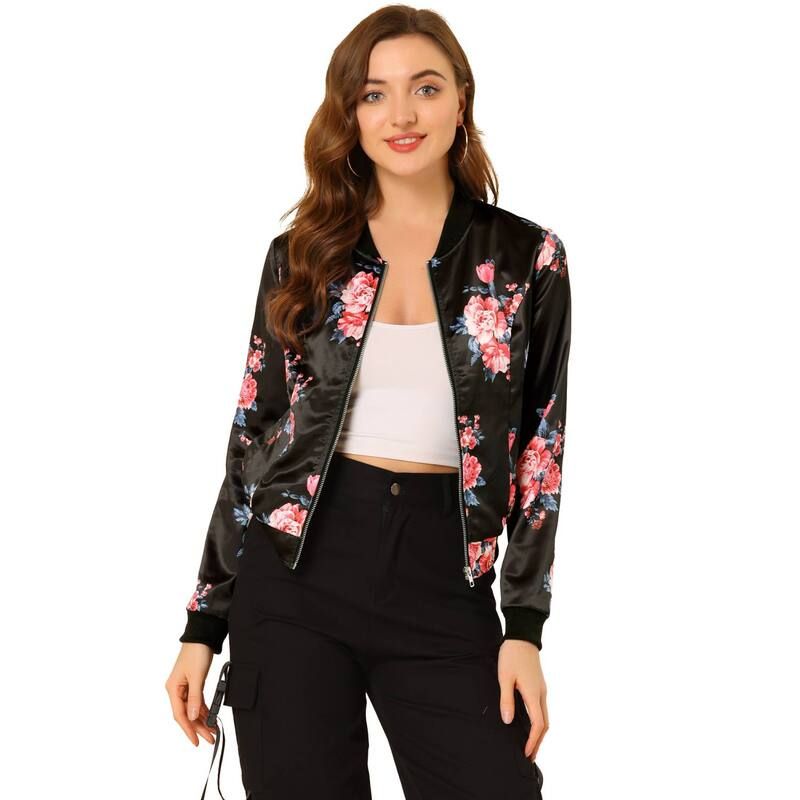 アレグラ ケー レディース アウター ジャケット・ブルゾン フラワー柄 プリント フラワー ALLEGRA K Womenstand Collar Zip up Floral Prints Crop Length Bomber Jacket Black Pin