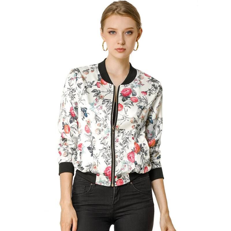 アレグラ ケー レディース アウター ジャケット・ブルゾン フラワー柄 プリント フラワー ALLEGRA K Womenstand Collar Zip up Floral Prints Crop Length Bomber Jacket White ホワイ