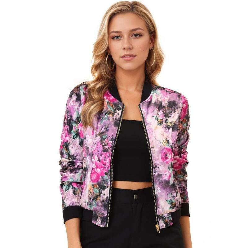 アレグラ ケー レディース アウター ジャケット・ブルゾン フラワー柄 プリント フラワー ALLEGRA K Womenstand Collar Zip up Floral Prints Crop Length Bomber Jacket Fuchsia フ