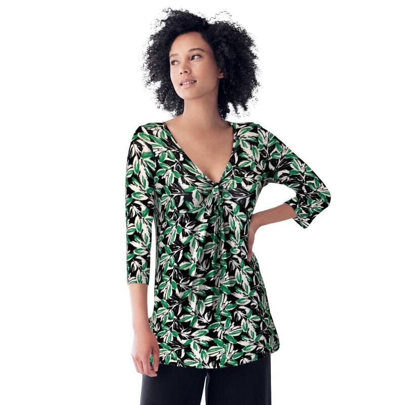 Ellos レディース トップス Tシャツ Vネック プラスサイズ ニット ellos Plusize Stretch Knit VNeck 34 Sleeve Knot Frontunic Black Green Leaf Print ブラック