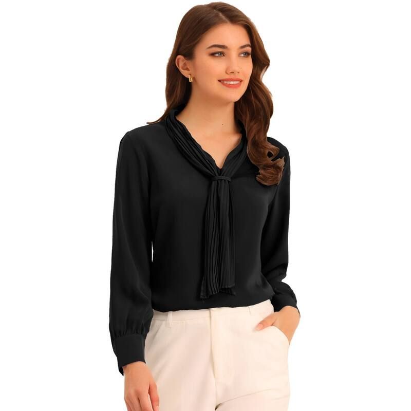アレグラ ケー レディース トップス シャツ シフォン プリーツ ブラウス ALLEGRA K Womens Long Sleeve Blouses Chiffon Pleated Tie Neck Office Top Shirt Black ブラック
