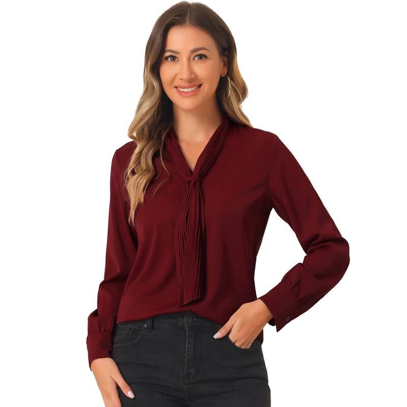 アレグラ ケー レディース トップス シャツ シフォン プリーツ ブラウス ALLEGRA K Womens Long Sleeve Blouses Chiffon Pleated Tie Neck Office Top Shirt Dark Red レッド