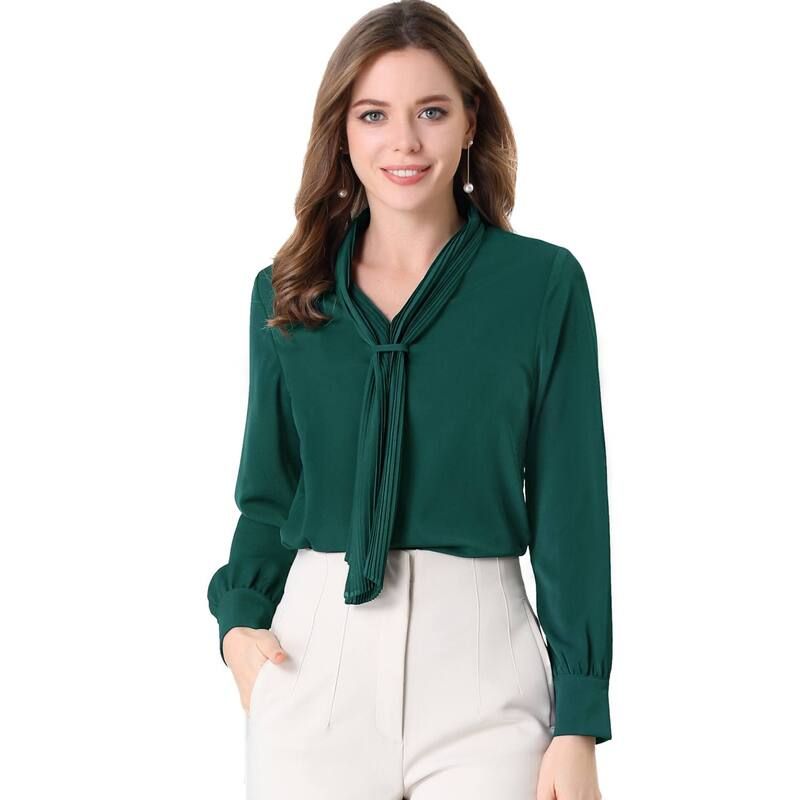 アレグラ ケー レディース トップス シャツ シフォン プリーツ ブラウス ALLEGRA K Womens Long Sleeve Blouses Chiffon Pleated Tie Neck Office Top Shirt Dark Green グリ