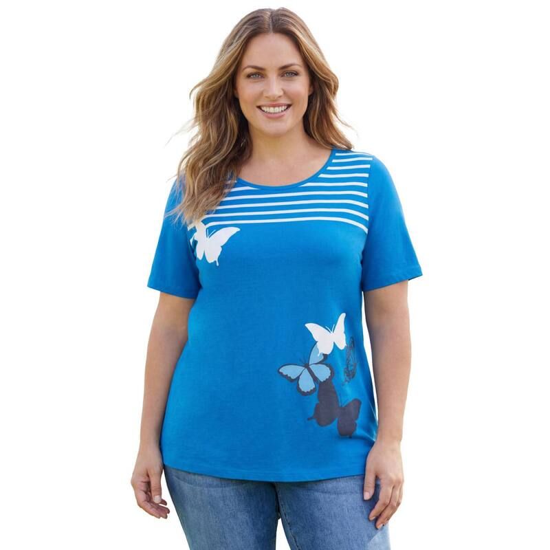 ウーマン ウィズイン レディース トップス Tシャツ プラスサイズ プリント グラフィック Woman Within Plusize Graphic Print Scoop Neck Tunicobalt Striped コバルト