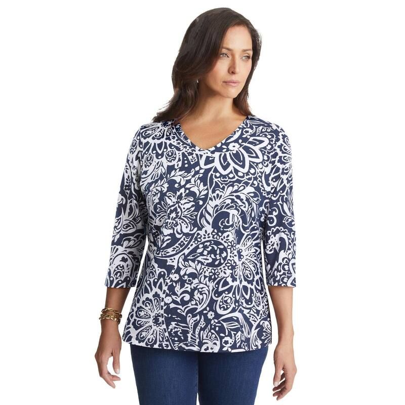 ジェシカロンドン レディース トップス Tシャツ Vネック プラスサイズ コットン Jessica London Womens Plusize Stretch Cotton VNeck Tee Navy Scroll Medallion ネイビー