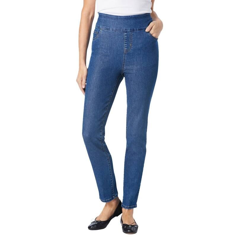 ウーマン ウィズイン レディース ボトムス デニムパンツ プラスサイズ プチ ジーンズ Woman Within Plusize Petite SlimLeg PullOn GapFree StretchDenim Jeans Medium Stonewash