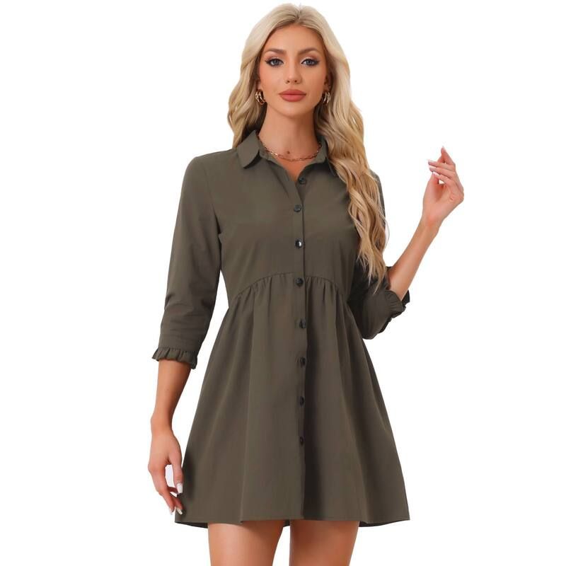 アレグラ ケー レディース トップス ワンピース ミニ シャツ ALLEGRA K Womens Casual 34 Sleeve Button Front Flare Mini Shirt Dress Dark Brown ブラウン