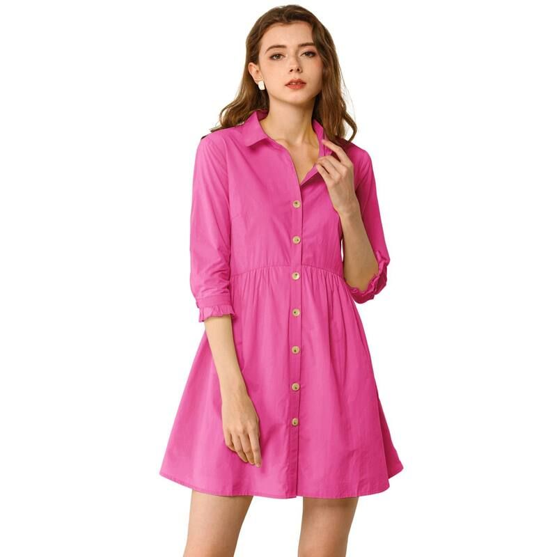 アレグラ ケー レディース トップス ワンピース ミニ シャツ ALLEGRA K Womens Casual 34 Sleeve Button Front Flare Mini Shirt Dress Fuchsia フューシャ
